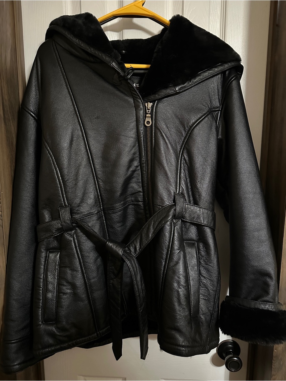 Wilson Women’s Black Faux Leather Hooded Jacket with Belt